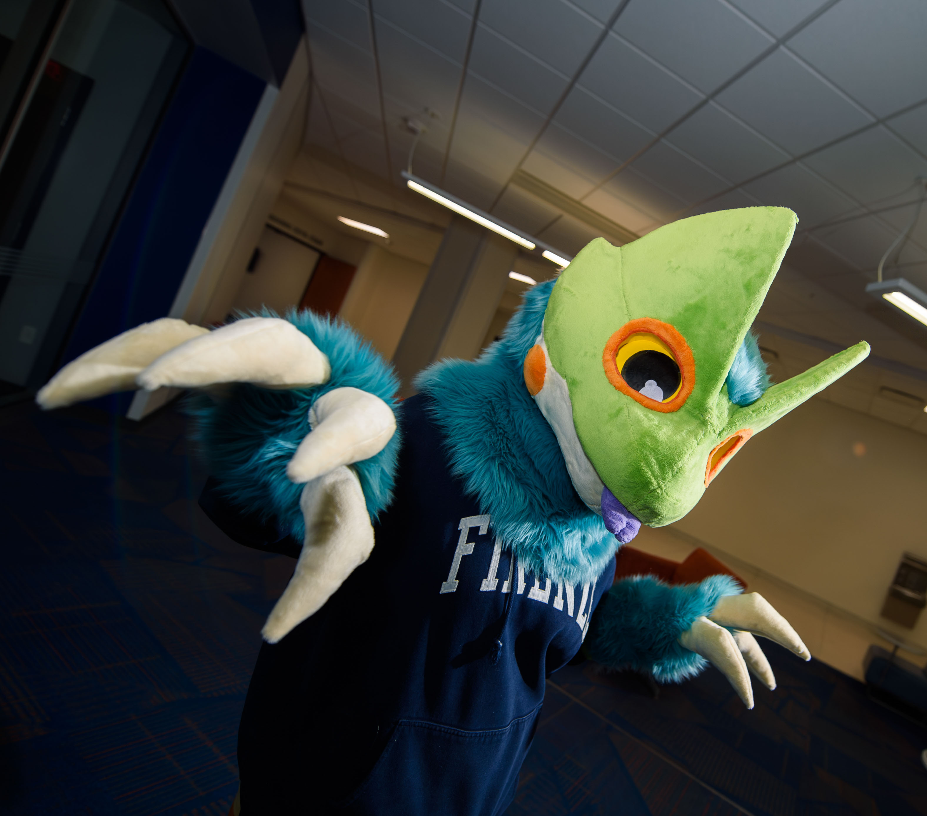 A person in a green, blue, and white pukei fursuit, holding up their claws to the camera. There is a slight lens flair around their left paw.